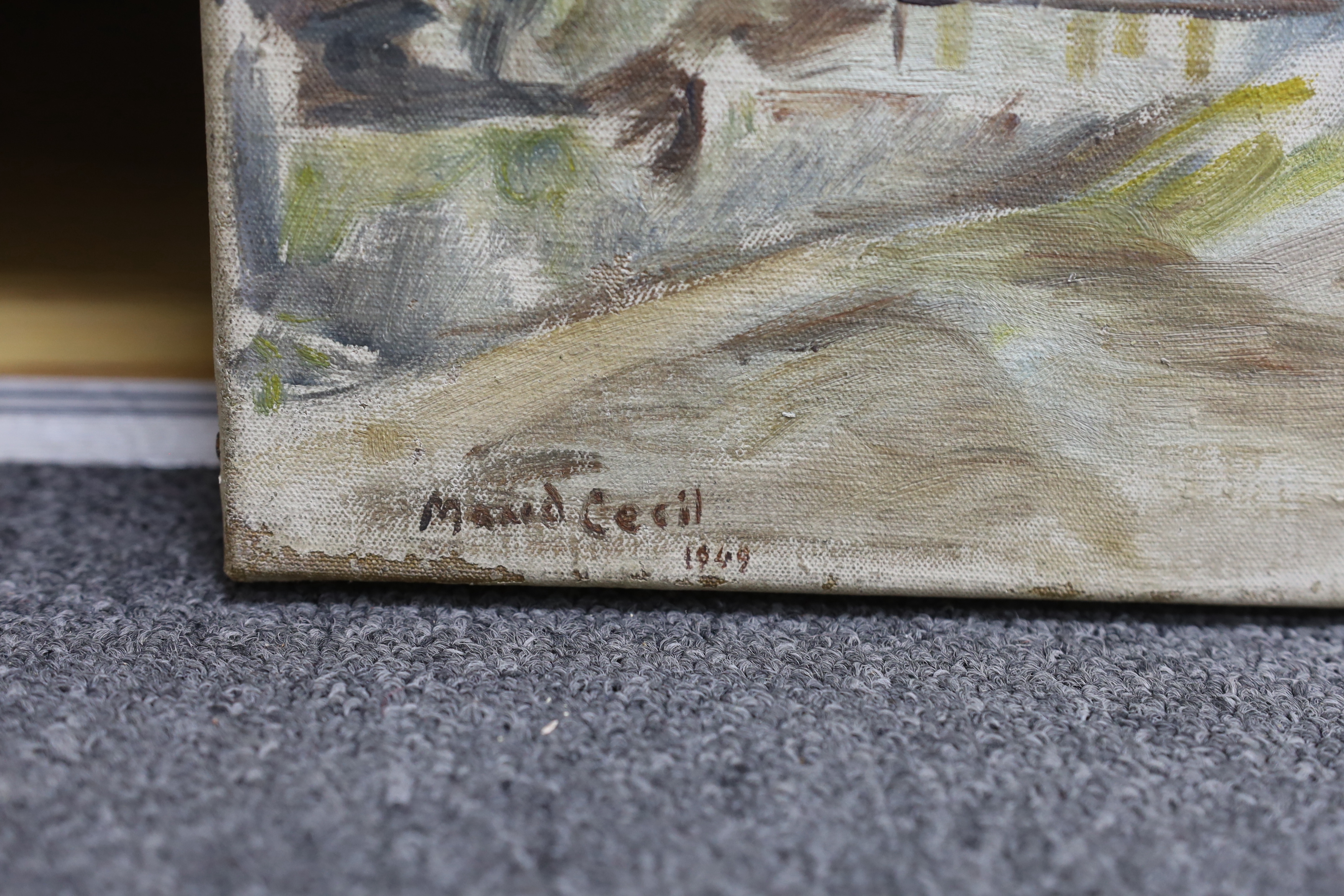 Hon. Maud Cecil (1904-1981), oil on canvas, Swiss mountainous landscape with chalets, signed and dated 1949, 50 x 40cm, unframed